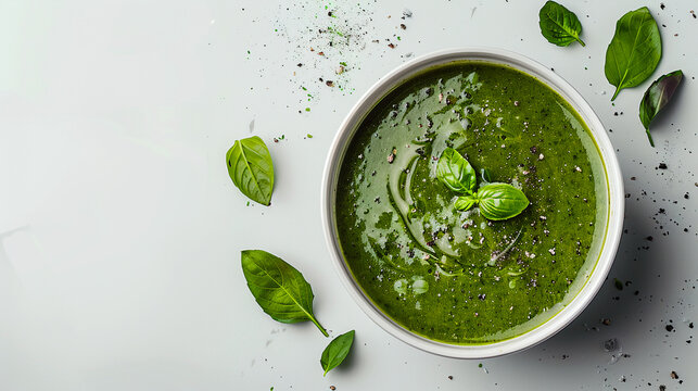 Vista cenital de cuenco verde vegano de crema de espinacas con hojas sobre la mesa. Comida sana y verde en cuenco.