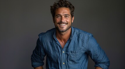 Obraz premium confidence and business concept portrait of charming successful young entrepreneur in blue collar shirt smiling broadly. stock image