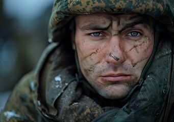 Fototapeta premium Portrait of a soldier with dirt on his face