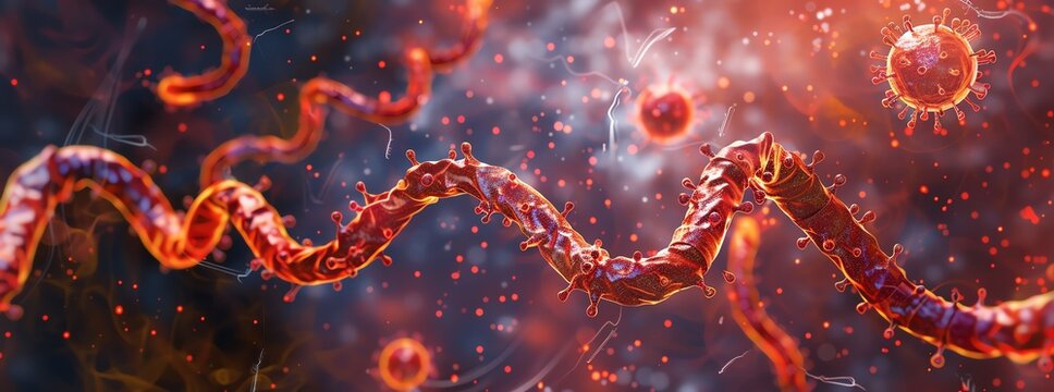 Abstract representation of microscopic viruses and pathogens in a colorful, detailed digital illustration, showcasing their complex structures.