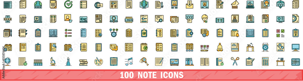 Poster 100 note icons set. color line set of note vector icons thin line color flat on white