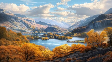 Fototapeta premium View of autumn landscape of llanberis and llyn padarn in wales with vibrant foliage and serene lake surrounded by majestic mountains