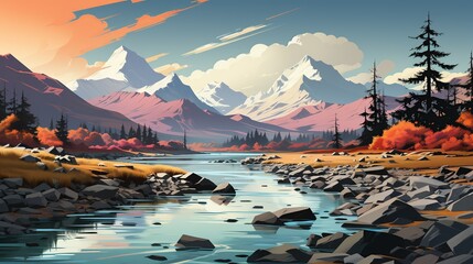 A serene landscape featuring a crystal-clear lake surrounded by mountains, representing the beauty of unspoiled nature and the importance of environmental conservation efforts. Painting Illustration