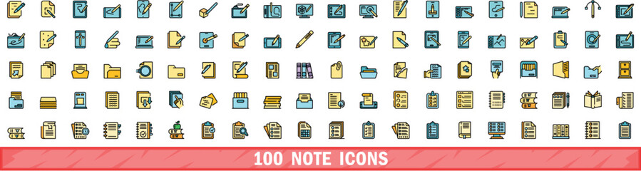 100 note icons set. Color line set of note vector icons thin line color flat on white