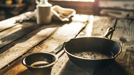 Rustic country kitchen, close-up on weathered wooden table and classic cast iron skillet, warm morning light 
