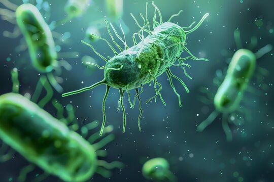 Close-up view of green bacteria in a magnified environment, showcasing the intricate details of microbial life and cell structure.