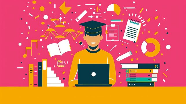 An illustration in 2D flat style featuring a Gen Z student studying online, with a laptop and digital notes. The minimalist design highlights the modern educational tools and remote learning