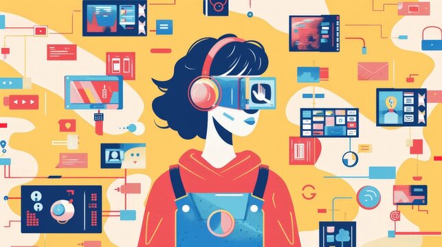 A flat design illustration of a Gen Z individual seamlessly navigating through digital interfaces, representing the digital native aspect of this generation. The minimalist background highlights