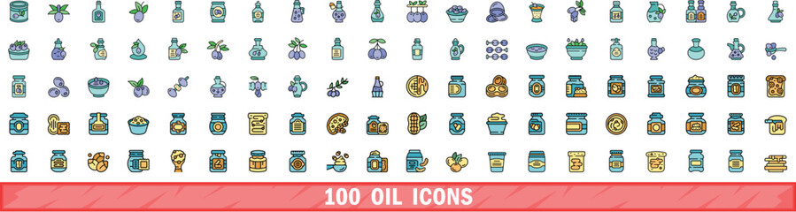 100 oil icons set. Color line set of oil vector icons thin line color flat on white