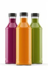 A colorful vegetable juice bottle with a modern label, set against a clean white background with space for text on the side. Perfect for promotional materials.