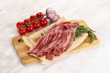 Raw beef bacon for cooking