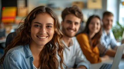 Fototapeta premium Portrait of a smiling young woman with her friends in the background