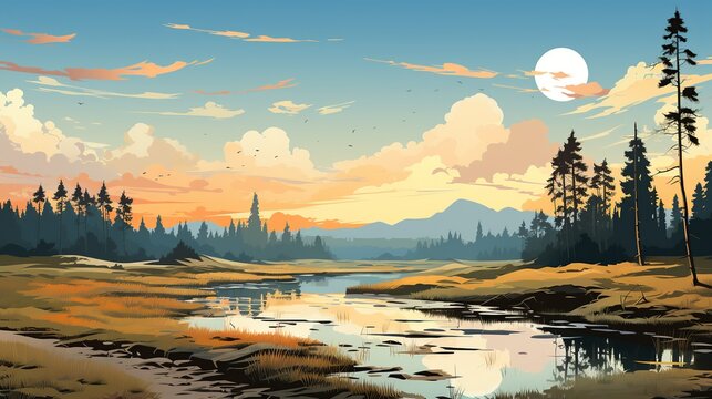 A peaceful image of a wetland ecosystem, teeming with wildlife, emphasizing the role of wetlands in carbon sequestration and their importance in the fight against climate change. Painting