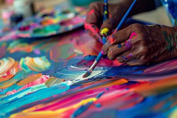 Naklejka premium A close-up of an artist s hands working on a colorful painting, with a palette and brushes in the background. The scene is vibrant and creative.