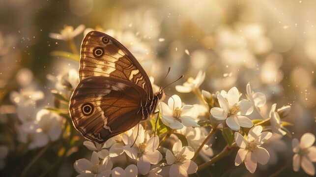 Butterfly with brown wings resting on a white bloom in the field