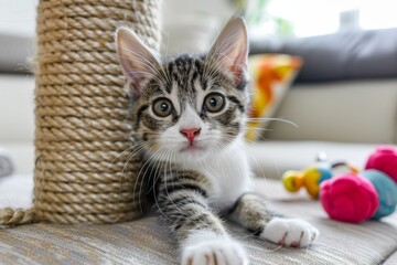 Obraz premium A playful kitten exploring a cozy living room, with toys and a scratching post nearby. The background is bright and inviting.