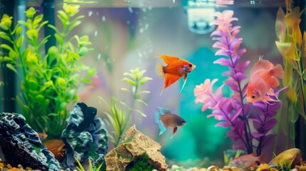 A serene fish tank setup with colorful fish, plants, and decorations. The water is clear, and the scene is calming.