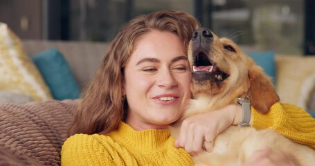 Woman, dog and pet in home for love, affection and trust or support in living room. Puppy, training and Golden retriever for adoption or rescue for animal, owner person and hug and canine best friend