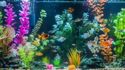 A serene fish tank setup with colorful fish, plants, and decorations. The water is clear, and the scene is calming.