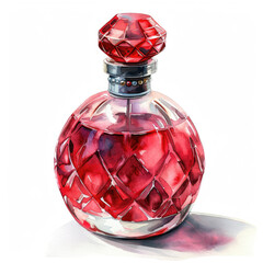 Elegant watercolor painting of a luxurious perfume bottle with intricate diamond patterns and rich red hues.