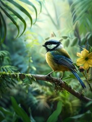Fototapeta premium A beautiful bird perched on a branch, with a detailed background of a lush forest. The bird s feathers are vibrant and eye-catching.