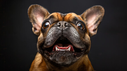 Close-up of a funny French Bulldog with a surprised expression. Pet photography and animal humor.