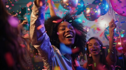Obraz premium A vibrant New Year s Eve party with people celebrating, colorful decorations, and confetti falling. The mood is energetic and happy.