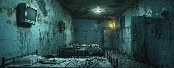 Eerie, abandoned hospital ward with flickering blue light, handprints on walls, rusting beds, whispers, and darting shadows.