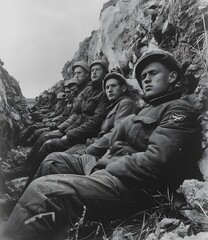 A group of soldiers sitting in a trench during World War II