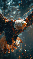 Majestic eagle soaring through the forest, surrounded by glowing embers, capturing the fierce beauty of nature in flight.