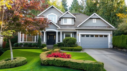 Big siding house with garage and high column porch. Green lawn with trimmed hedges and red bushes make the curb appeal stand out