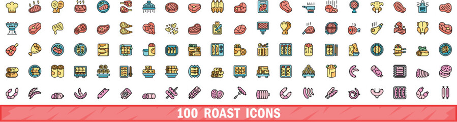 100 roast icons set. Color line set of roast vector icons thin line color flat on white