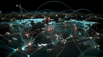 A global network showing the flow of goods from raw materials to finished products, with logistics hubs, transportation routes, and warehouses