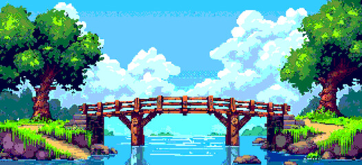 8-bit pixel art game assets of wooden bridges over a river with grass and trees in the background