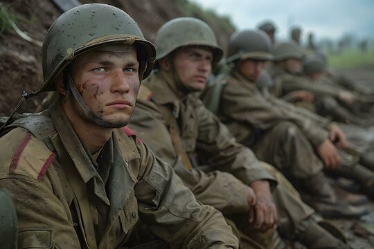 A group of soldiers in a foxhole during World War II.