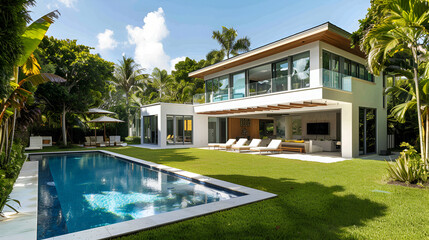 Backyard of a modern house with swimming pool, artificial grass, trees and chairs,The modern facade of a luxury villa with a large swimming pool