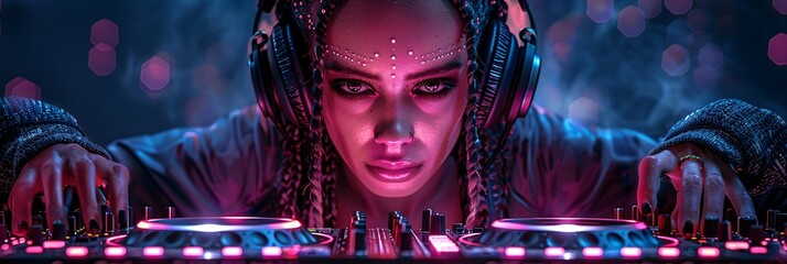crazy female cyborg dj with futuristic headphones