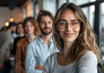 Fototapeta premium portrait of a young woman smiling with three people blurred in the background