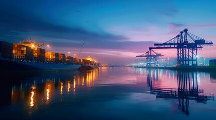 Gentle twilight over a logistics hub, with soft lights reflecting off calm waters