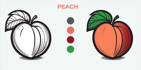 Black and White Vector Illustration of a peach for Coloring Book with color sample. 