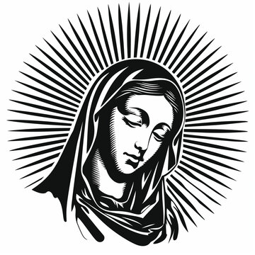 recommend clip art: A black and white vector logo of a portrait of Mary, mother to Jesus Christ on an isolated background with rays radiating from behind her like sunbeams. elegance while maintaining