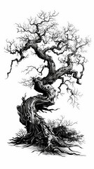 Artistic Black And White Illustration Of A Twisted Tree