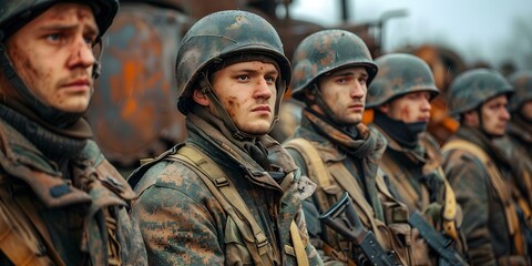 Fototapeta premium A group of soldiers in uniform standing in a row looking to the left