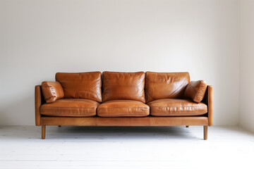 he leather sofa in a vintage color, centered perfectly against a white wall. The minimalist decor emphasizes the elegance of the three-seater couch, with clean lines and no additio