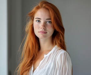 Fototapeta premium Portrait of a Woman With Long Red Hair, Wearing a White Blouse, Looking Directly at the Camera