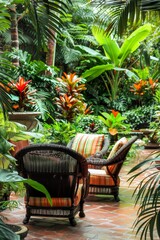 A beautiful garden patio with comfortable seating, vibrant plants, and an inviting atmosphere. The background is lush and green.