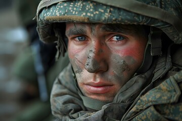 Fototapeta premium Portrait of a soldier with blue eyes and a camouflage helmet