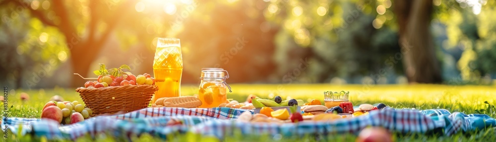 Poster a cheerful family picnic in a park, with a blanket spread out and a colorful array of snacks and dri