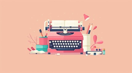 A flat design illustration of a character using an old-fashioned typewriter, surrounded by vintage office supplies. The minimalist background focuses on the charm and nostalgia of classic writing