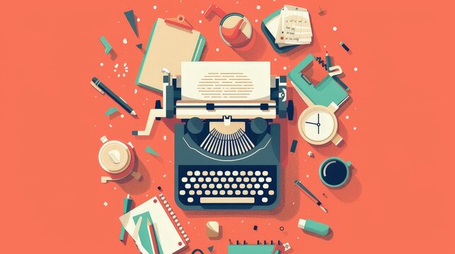 A flat design illustration of a character using an old-fashioned typewriter, surrounded by vintage office supplies. The minimalist background focuses on the charm and nostalgia of classic writing